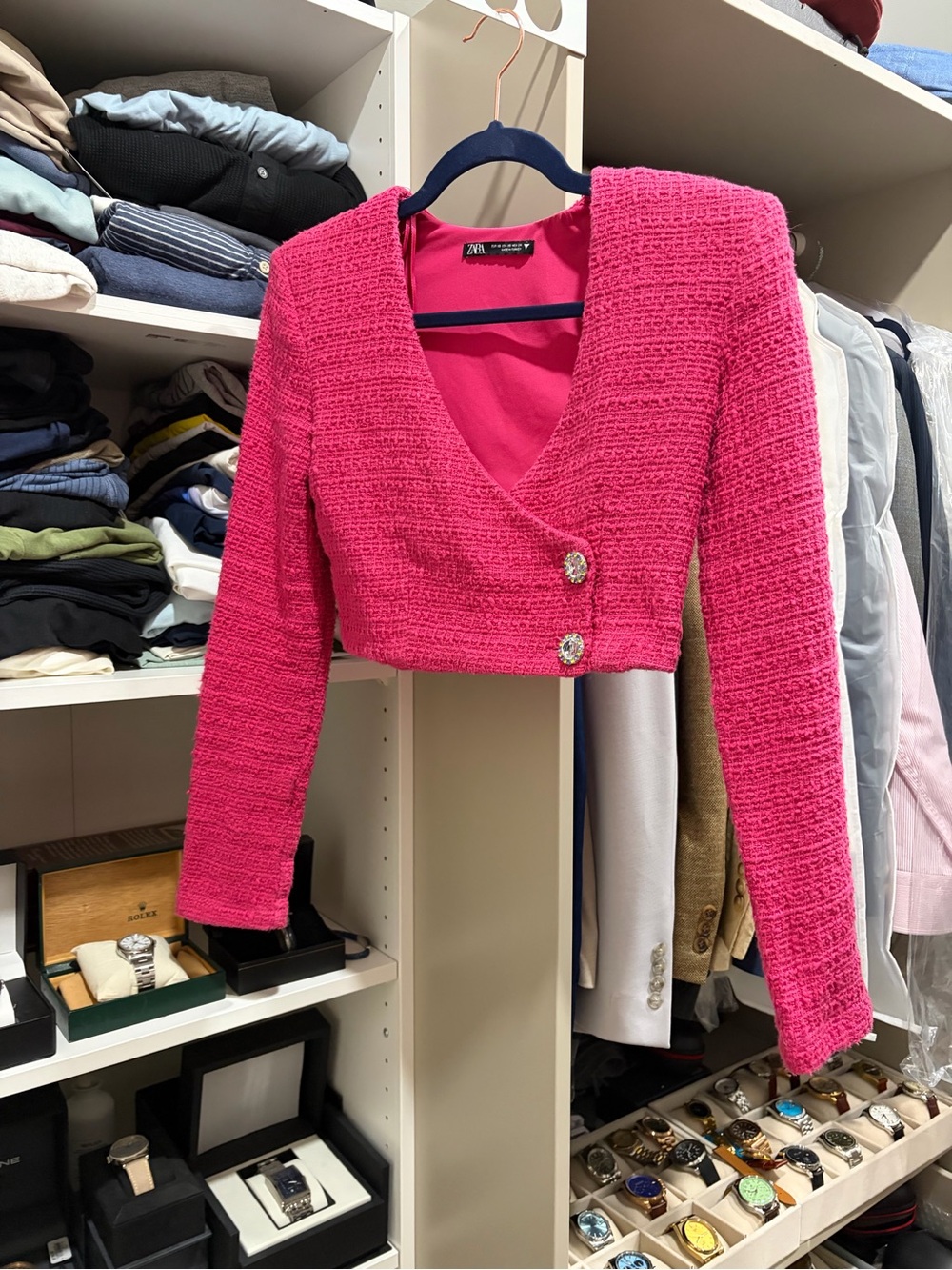 Zara Fuchsia Cropped Bouclé Blazer with Decorative Buttons